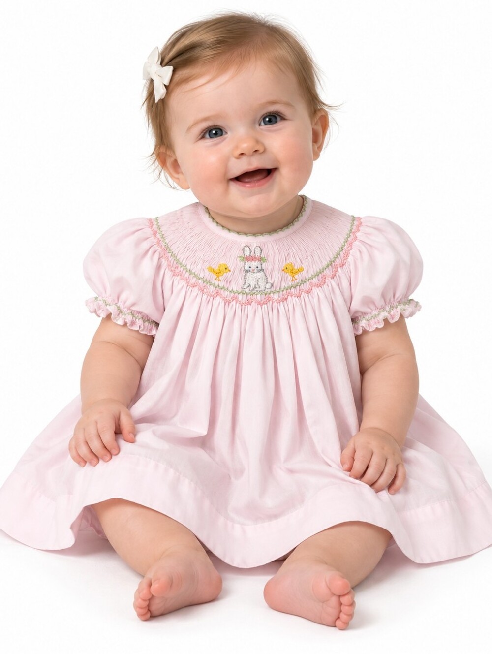Petit Ami Smocked Bishop Dress Short Sleeve Ruffle Pink Embroidery Bunny 6 Month